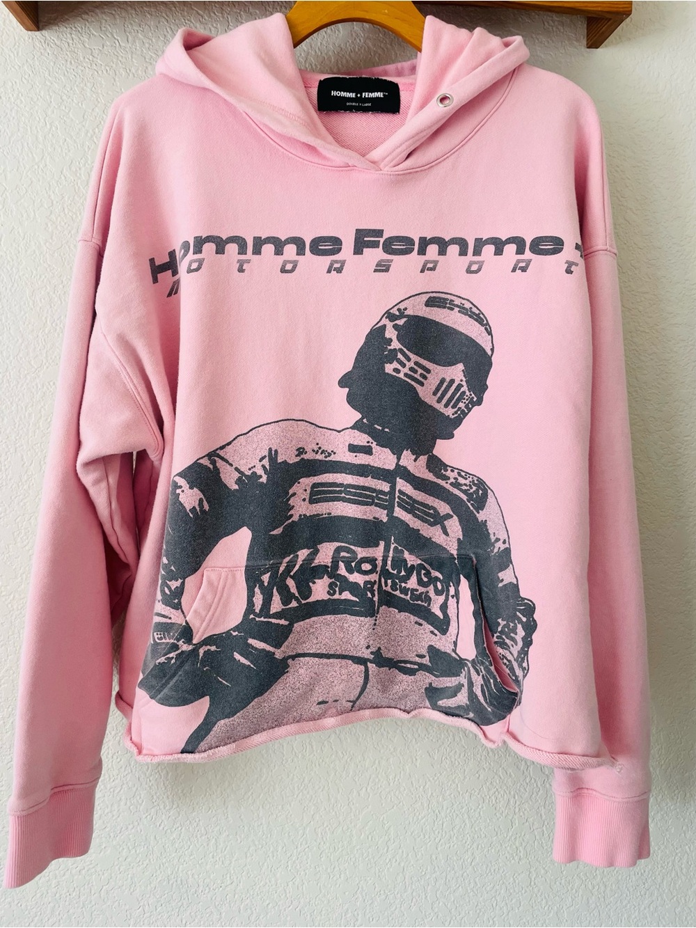 Rare Homme Femme Motorsport pink cropped hoodie hooded sweatshirt oversized XXL